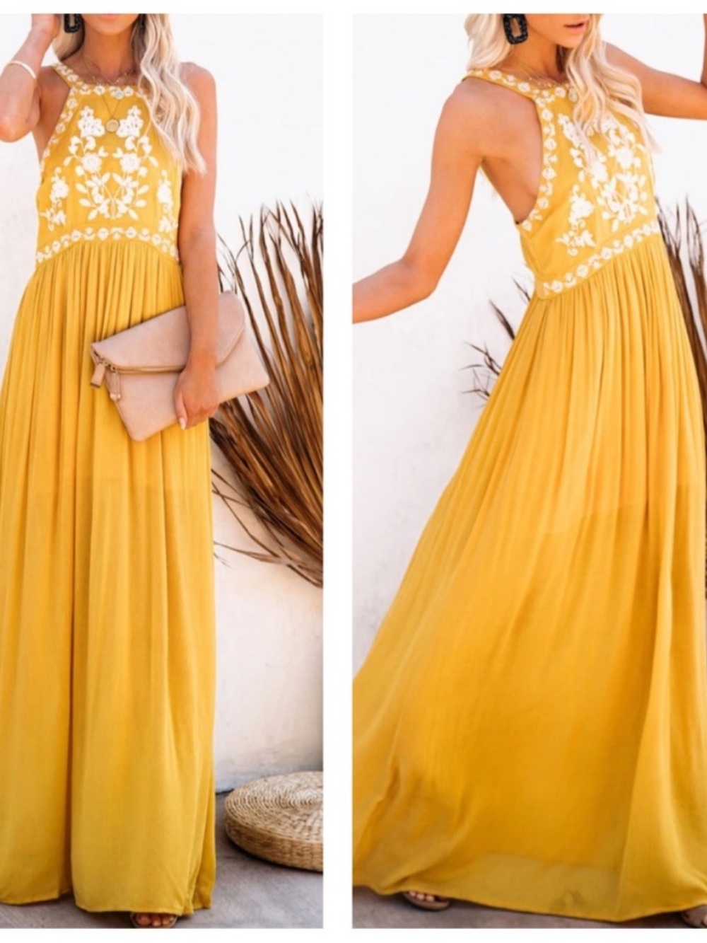En Creme Boho Mustard Embroidered Maxi Dress Medium